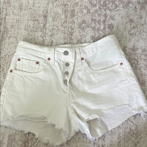 High-Rise White Distressed Denim Shorts with Button-Fly